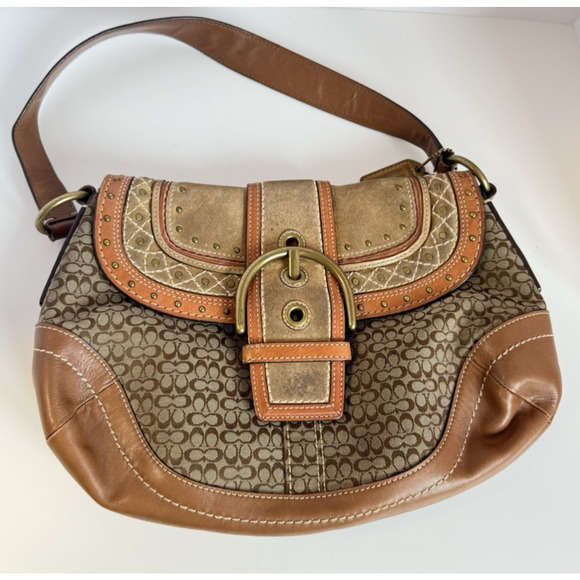 Coach Vintage Y2K Soho F11517 Signature C Canvas Patchwork Hobo Bag Tan - Picture 1 of 11
